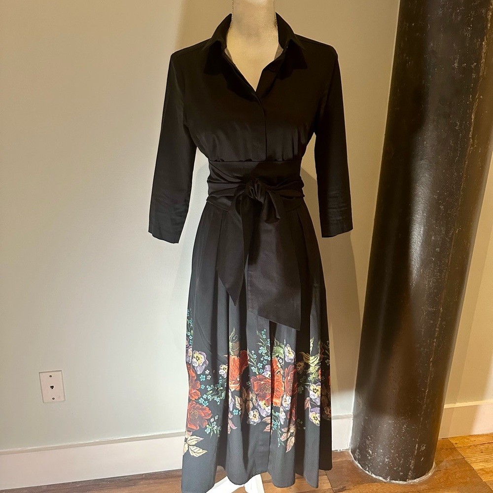 Marianna Deri black floral A-line shirt dress. Size small